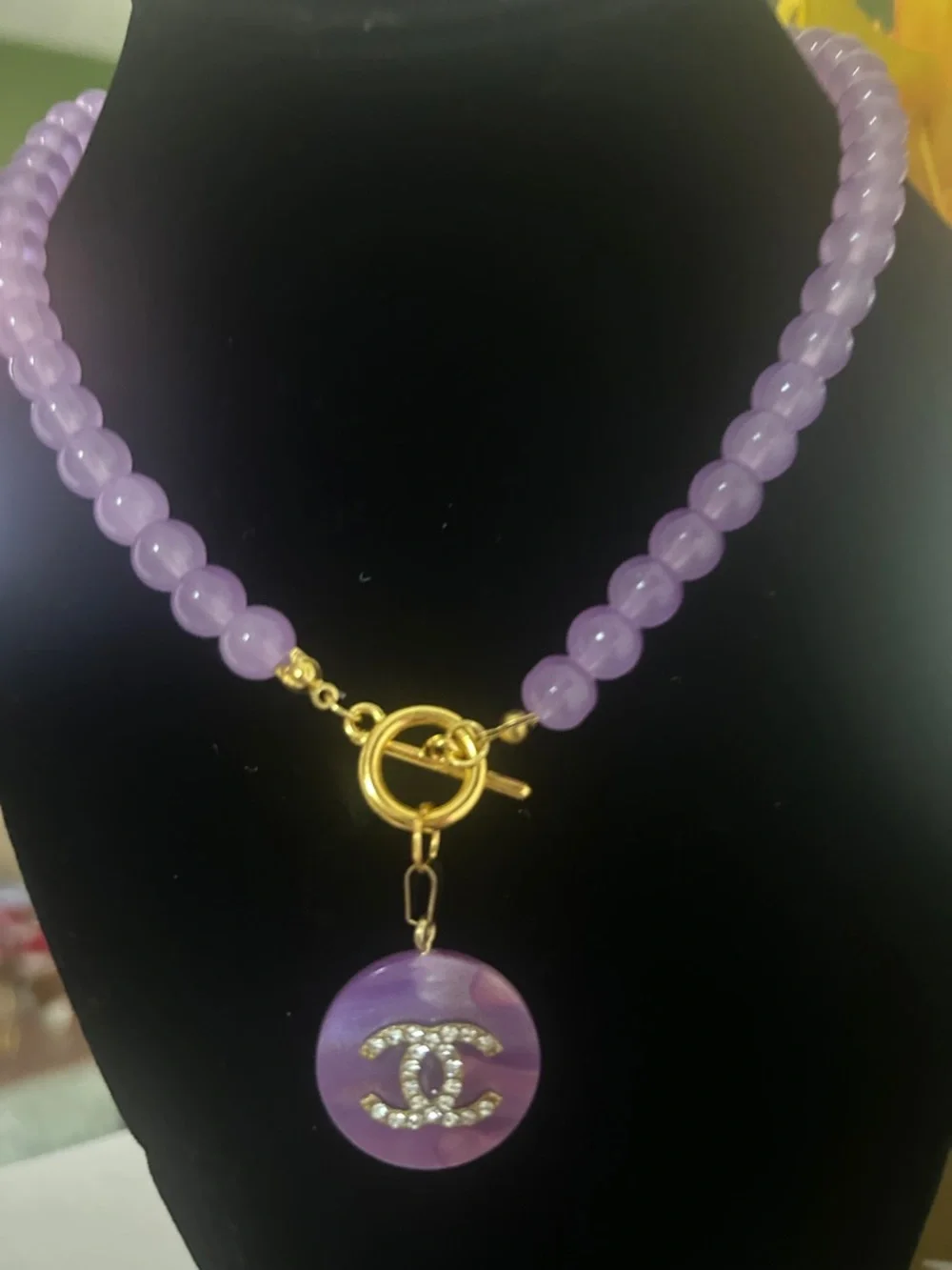 lavender Beaded Necklace with Gold Toggle(stamped)16” - Picture 9 of 12
